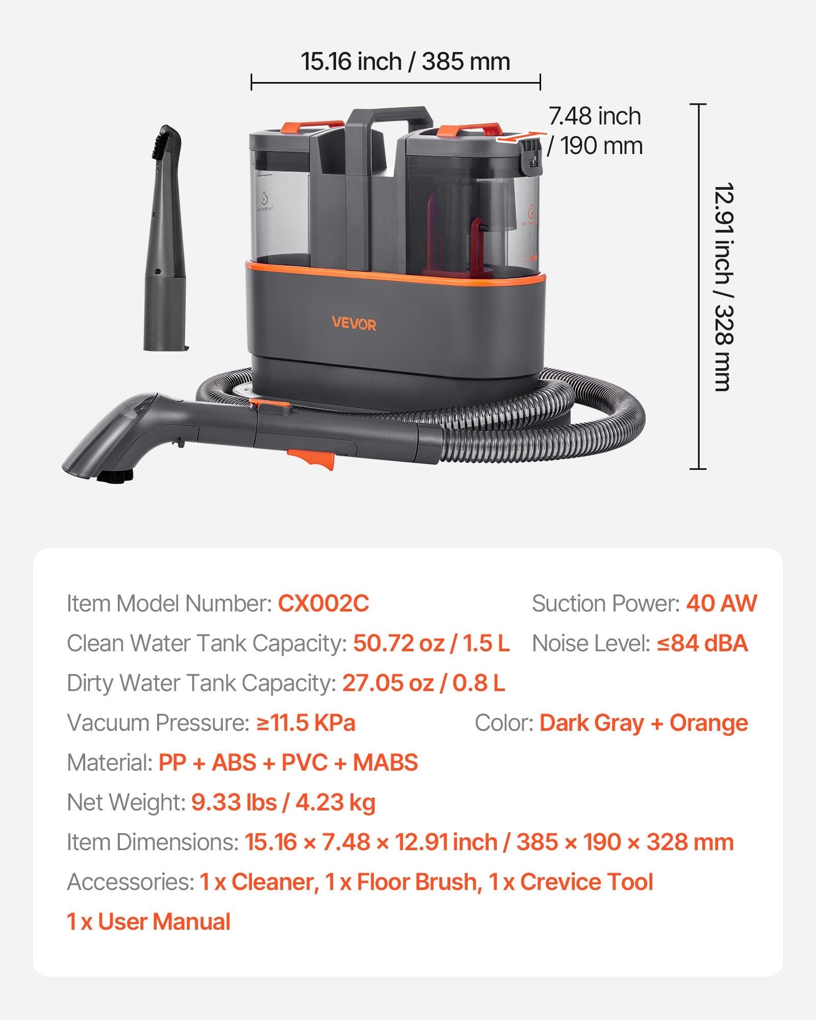 Portable Carpet Cleaner Machine Dual-Water Tank 11.5Kpa Upholstery