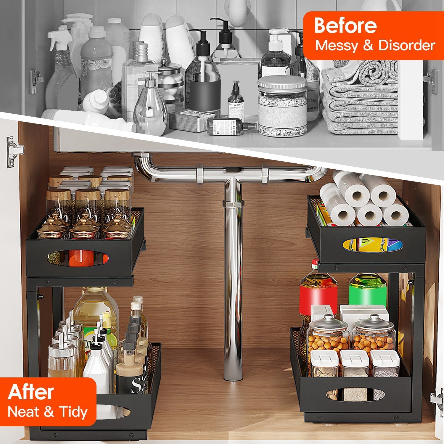 2Pcs Under Sink Organizer 2 Tier Pull Out Cabinet Baskets Storage