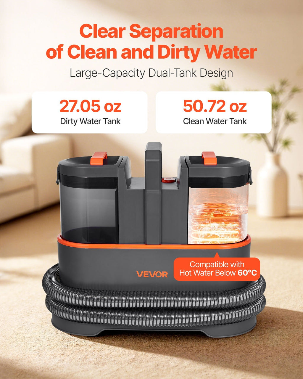 Portable Carpet Cleaner Machine Dual-Water Tank 11.5Kpa Upholstery